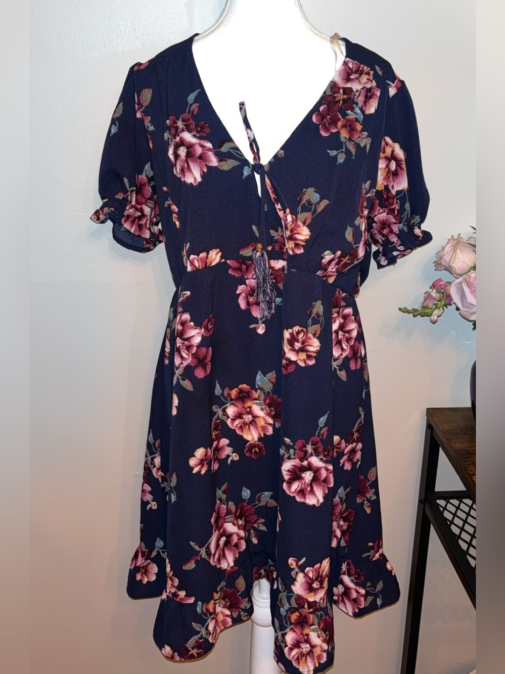 Xhilaration Navy Floral Midi Dress with Pink & Burgundy Roses